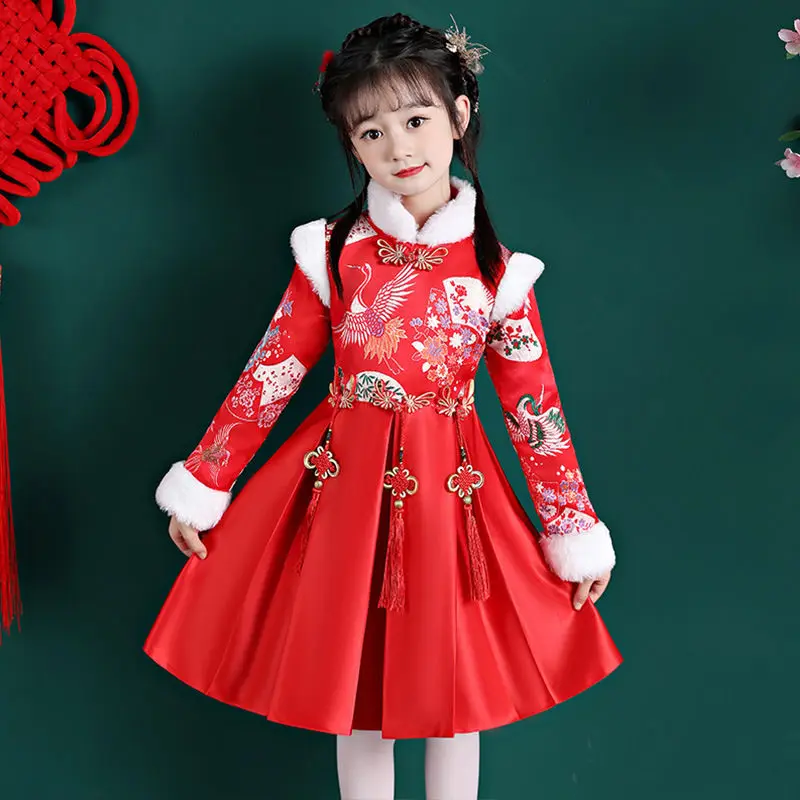 New children\'s spring and autumn winter clothing Hanfu children\'s ancient costume plus cotton dress baby Tang suit red dress