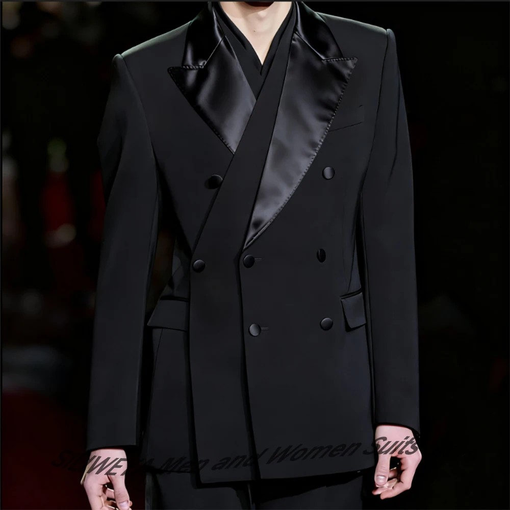 بدلات رجالية سوداء مكونة من ثلاث صدر مكونة من قطعتين سترة من الساتان بلغت ذروتها + سراويل مزينة بالساتان ملابس رسمية لحفلات الزفاف المسائية #2