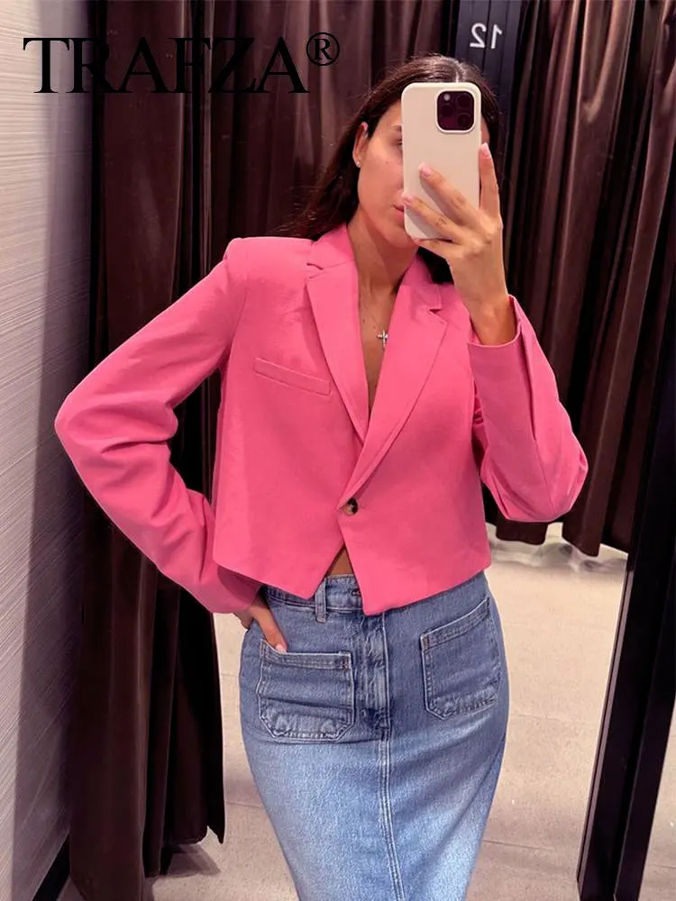 TRAFZA Women Fashion Solid Blazer V Neck Long Sleeves Loose Single Button Short Suit Cardigan Female Commute Elegant Woman Coat