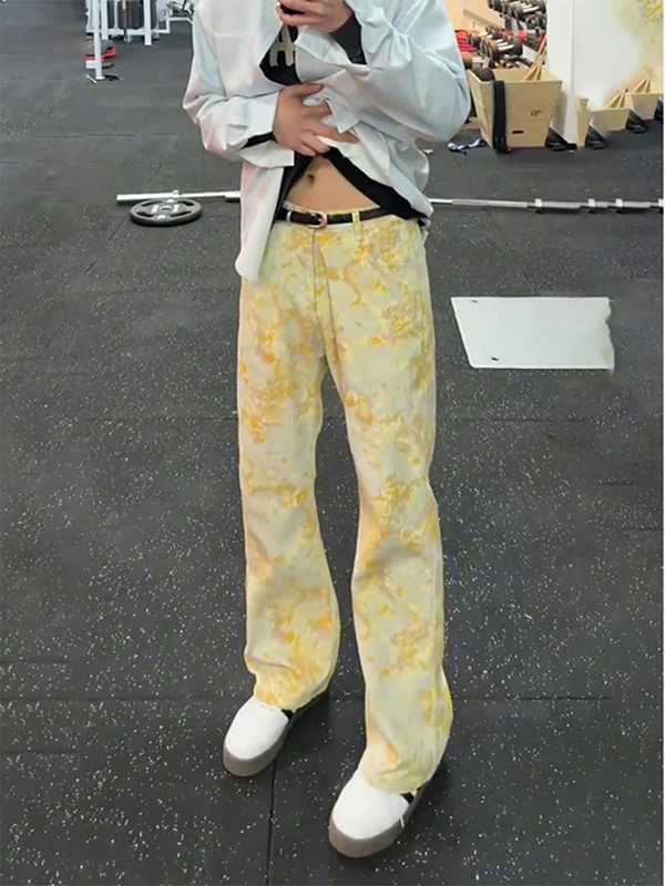 

American High Street Vibe Men's Faion Brand Tie Dye Embroidered Yellow Jeans Straight Leg Micro Flared Knife Pants