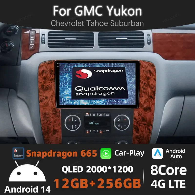 Android 14 Carplay Auto Car Radio For GMC Yukon Chevrolet Tahoe Suburban 2008 - 2012 Multimedia Stereo Video Player NAVI GPS 4G