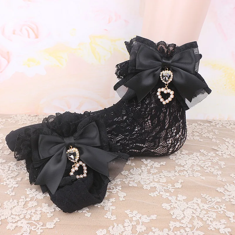 Handmade Japanese Mines Mass-produced Sweet Cute Lo Bow Love Rhinestone Pendant Lace Socks Sweetheart Girl Lolita Socks Women