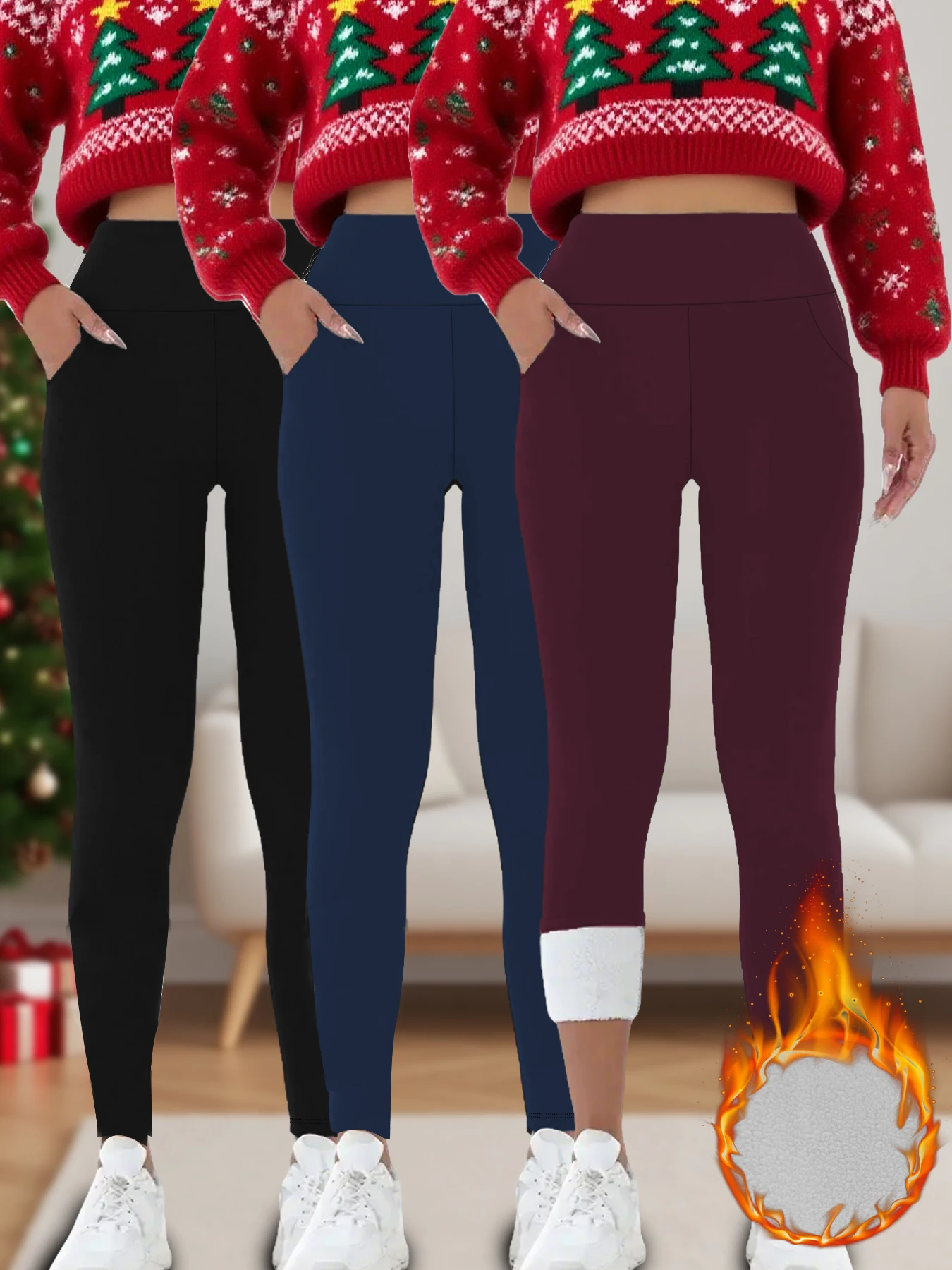 

3 Pack thermal leggings with pockets for women. High waist design with thick soft fabric perfect for cold winter workouts