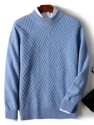 Suéter de lana merina para hombre, Jersey grueso y cálido de cuello redondo, jersey de Cachemira de gran tamaño, ropa informal suave, otoño e invierno, 100%