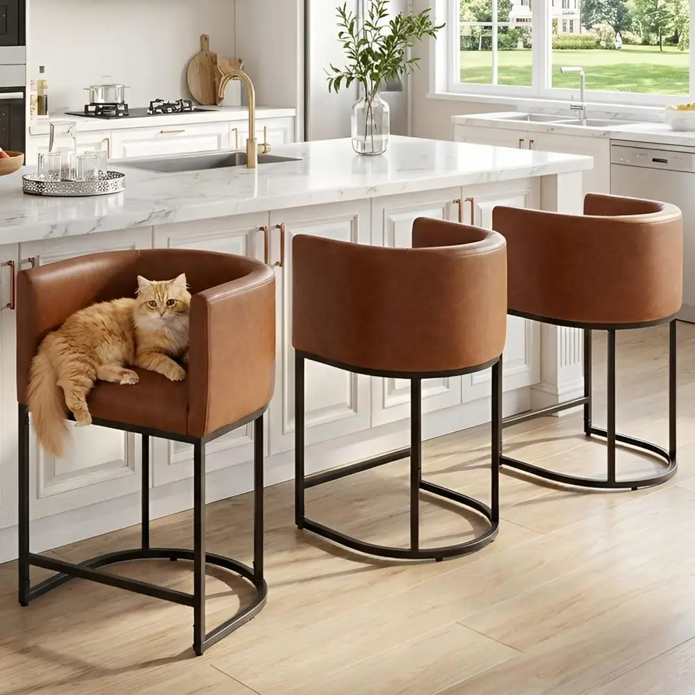 

Set of 3, 24 Inch Counter Height Bar Stools with Back, Leatherette Seat, Black Metal Frame, Brown