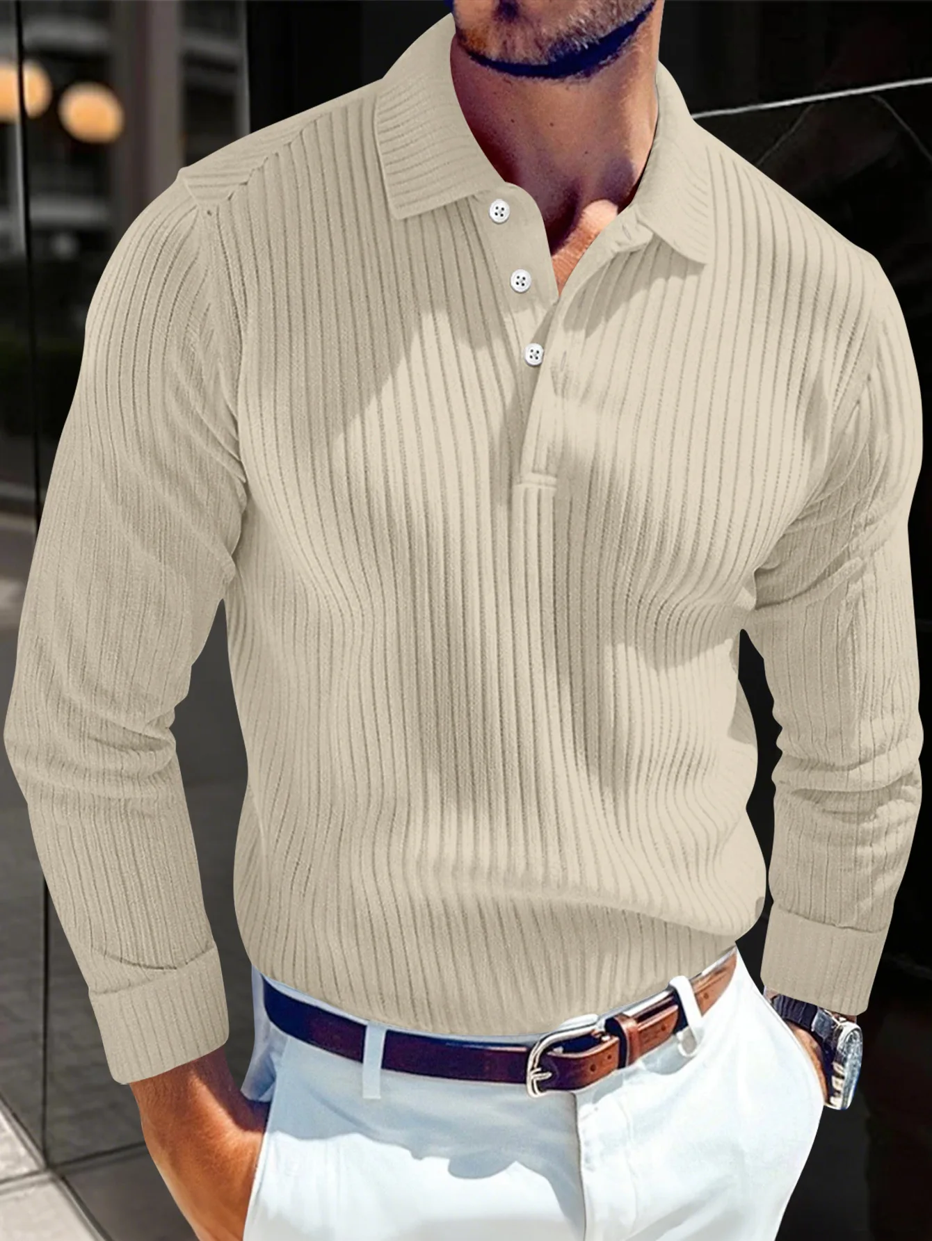 2026 New Men's Autumn And Winter Solid Color Lapel Leisure Sports Polo Shirt Zipper Striped Long Sleeve High Elasticity