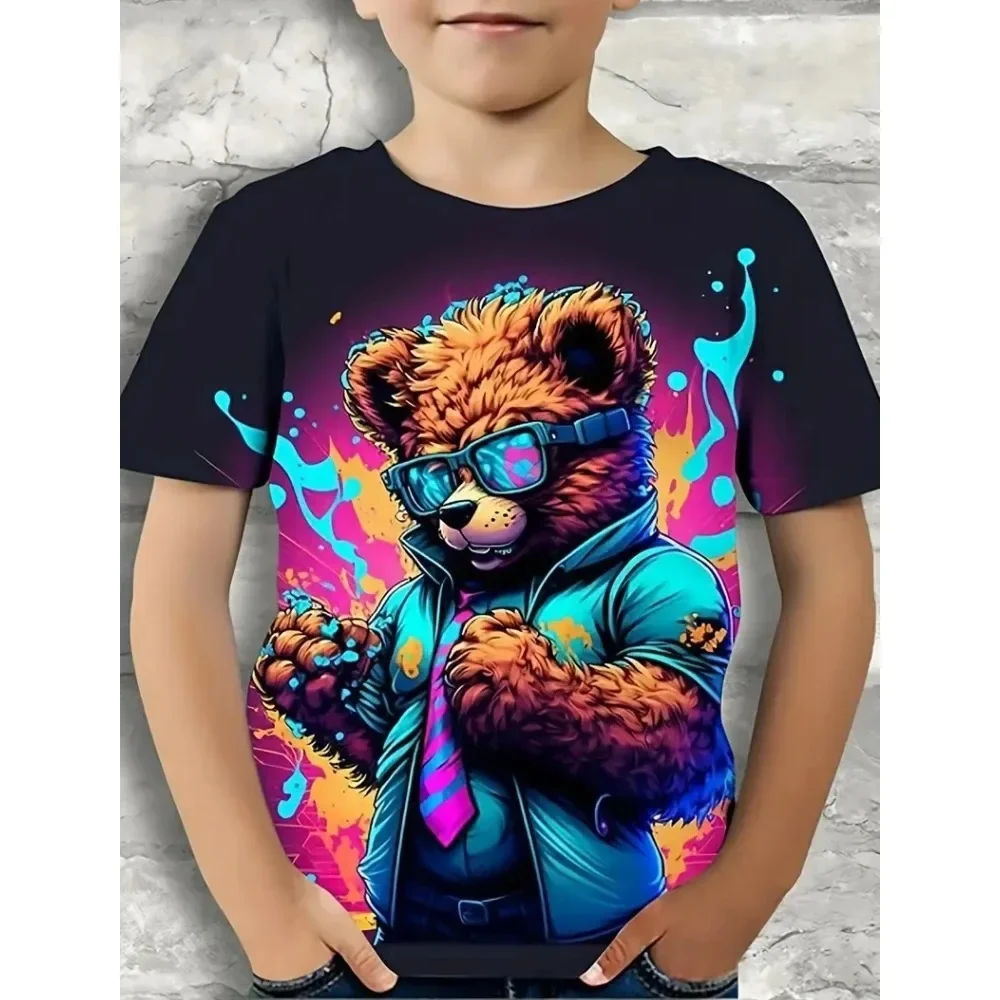 2026 Neues Cartoon-Bären-Grafik-T-Shirt für Männer, Frauen und Kinder Lässige Oberteile 3D-Druck Atmungsaktives Kurzarm-Kinder-T-Shirt für Draußen