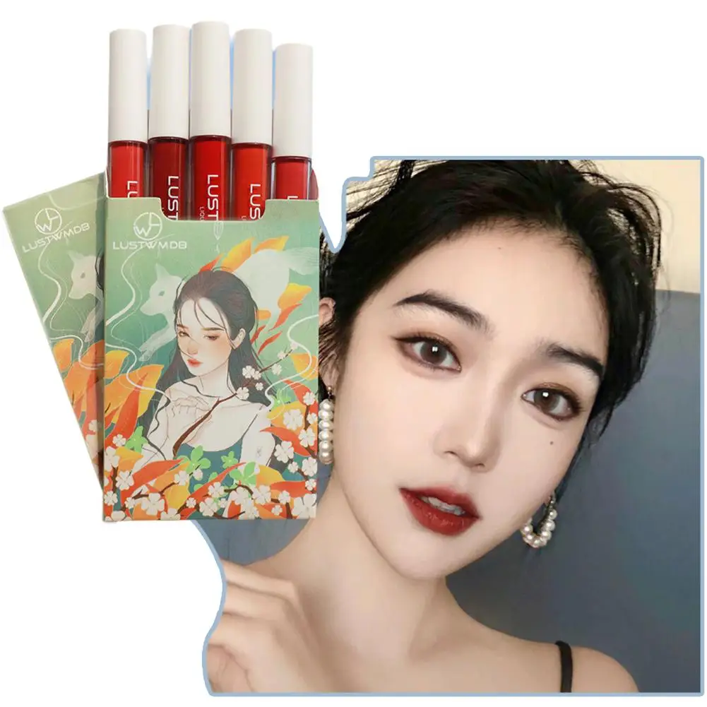 Conjunto de esmalte labial chinês, caixa de cigarro, batom hidratante pequeno, anti-lábio anti-lábio, linha elegante, fosco, J7P8, 1 caixa, 5pcs