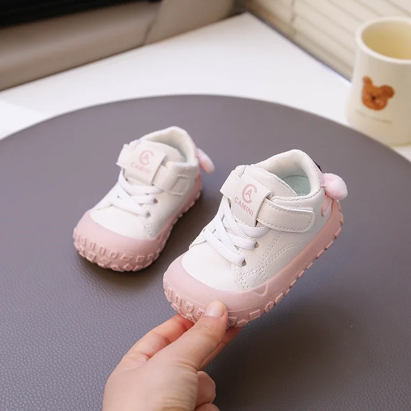 Baby Cute Fuzzy‑Ear Decor Sneakers Anti‑Collision Toe Magic Tape Soft Sole Toddler Walking Shoes