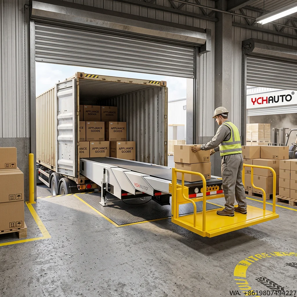 Powered Extendable Telescopic Belt Conveyor with Operator Deck Space-Saving Mobile Dock-to-Stock Loading Solution