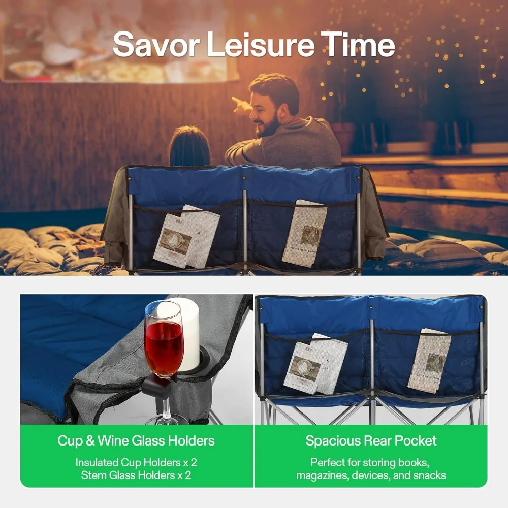 Cadeira de acampamento dupla VIVOSUN, loveseat dobrável totalmente acolchoado, cadeira duo grande com suportes para copos e copos de vinho, bolso, braços