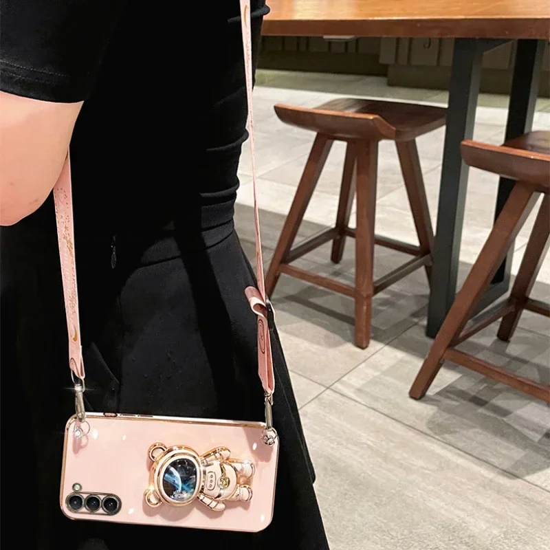 Crossbody Lanyard Quicksand Space Bear Plating Case for Samsung Galaxy A16 A06 A26 A36 A56 5G Silicone Cover