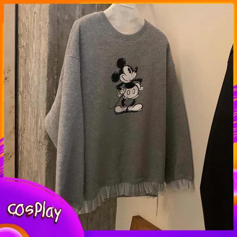 

Толстовки с Микки Маусом, свитшот с длинными рукавами и кружевной отделкой с принтом мультфильмов Диснея, повседневный модный модный топ, свободный женский костюм, подарок