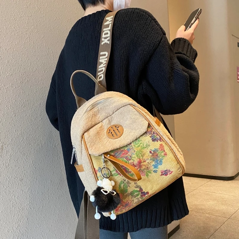 Cotton Linen Backpacks Woman 2025 Flower Casual Lightweight Small Ita Backpack Women's Bag Pack Trend Rucksack