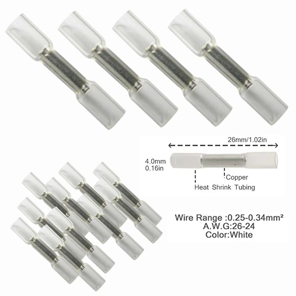 10/25/50/100/200PCS White Crimp Terminals Cable Splice Sleeve Terminators Heat Shrink Butt Electrical Wire Connectors 26-24AWG