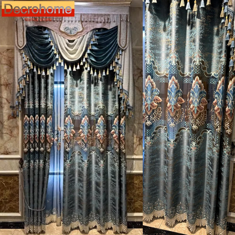 Customized Blue Gray Embroidered Window Screen Chenille Hollowed Out Curtains for Living Room Bedroom French Window Villa Balcon