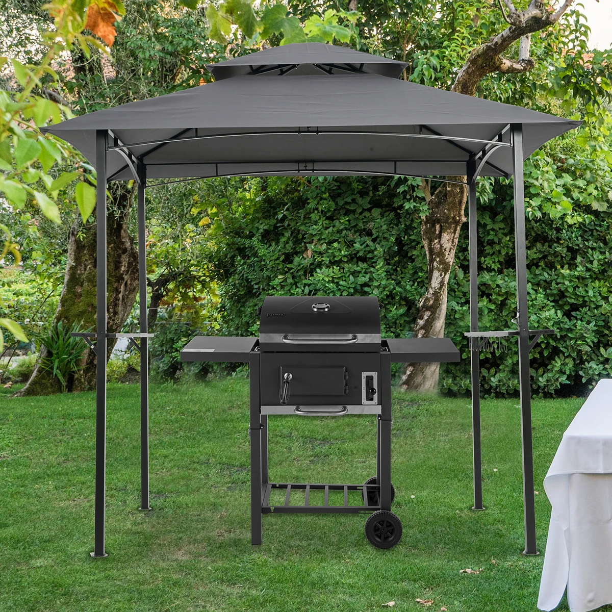 

Outdoor Grill Gazebo 8 x 5 Ft, Shelter Tent, Double Tier Soft Top Canopy and Steel Frame with Hook for Gardens,Terraces