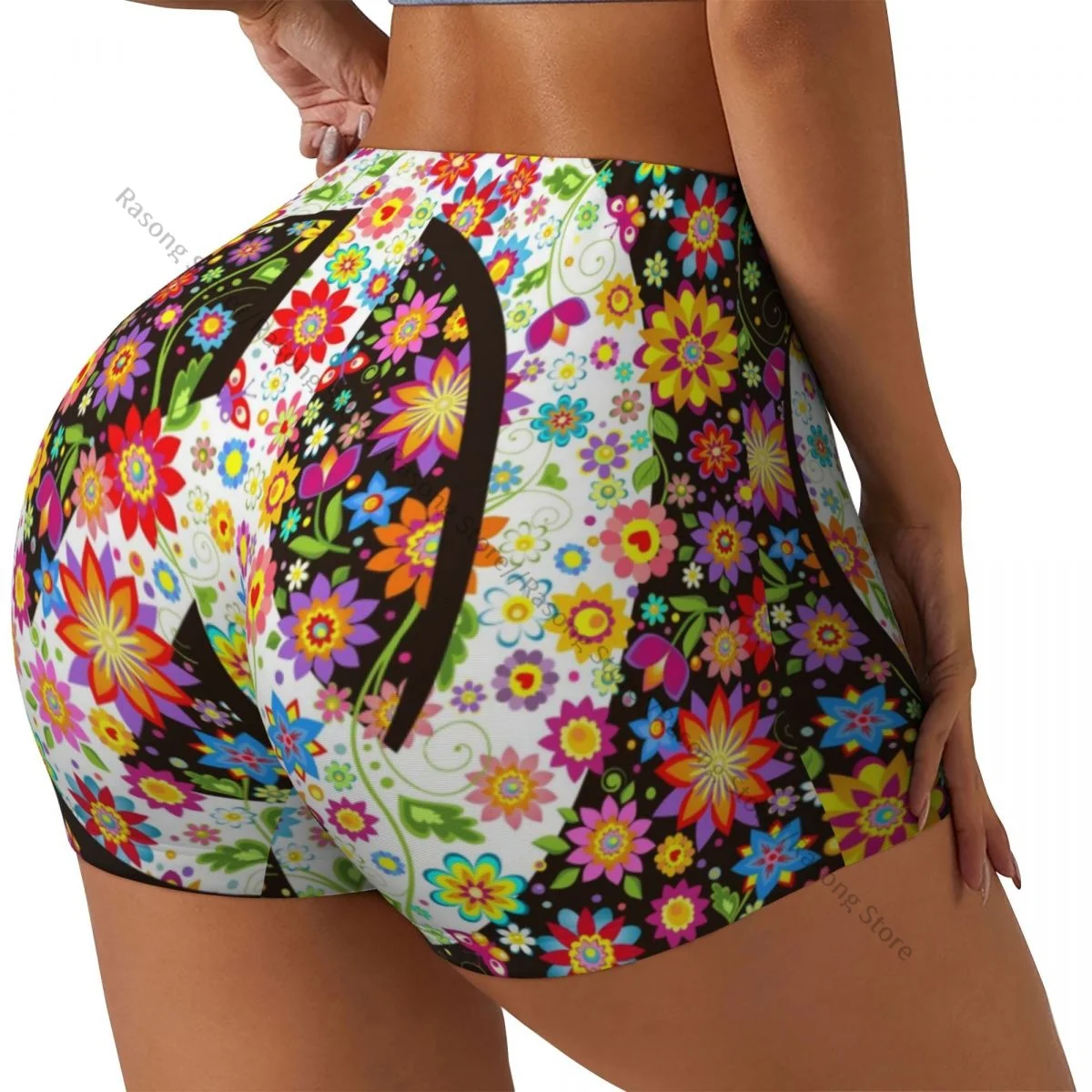 Women Yoga Shorts Hippie Flowers Peace Symbol Workout Shorts Fitness quick-dry Ladies Yoga Gym Running Short Pants Sportswear