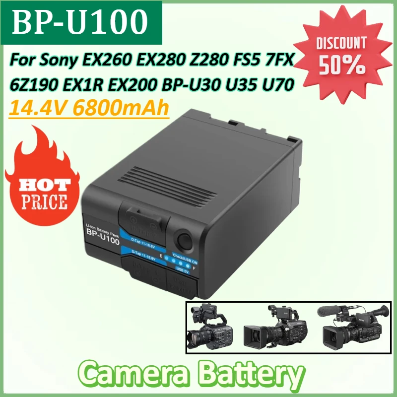 

New BP-U100 6800mAh Camera Battery for Sony EX260 EX280 Z280 FS5 7 FX6 Z190 EX1R EX200 BP-U30 U35 U70 with D-Tap USB Output