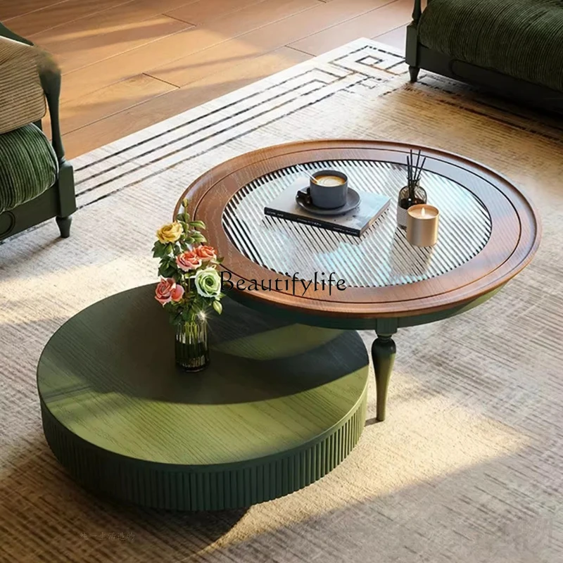 

Solid wood medieval coffee table French retro small apartment living room round ash wood small tea table