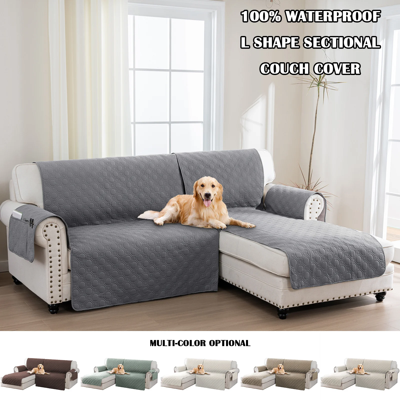 

100% Liquid-Resistant Sofa Slipcover L Shape Couch Cover Sectional Couch Cover L Shaped Left Right Chaise Cover for Dogs Cats Pets Non-Slip with Straps PRINCEDECO