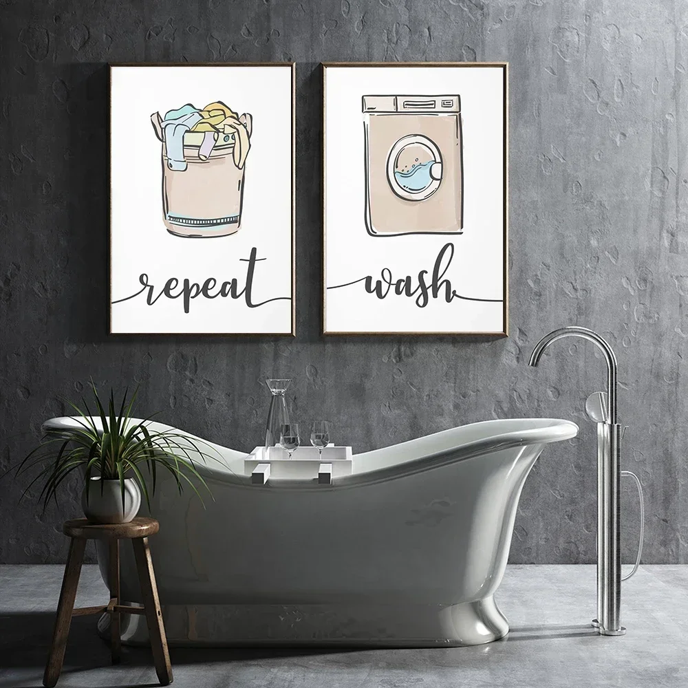 1pc frameless Canvas Painting Canvas Painting Nordic Posters Prints Wall Art Abstract Wash Dry Fold Repeat Laundry Sign Black Wh