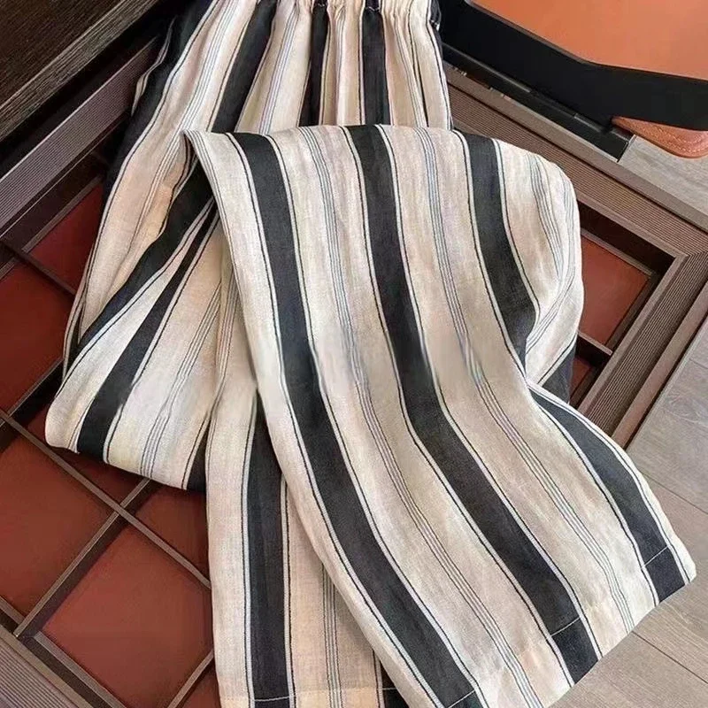Women Summer Linen Striped Wide Leg Pants High Waist Draped Straight Floor Length Casual Trousers S-3XL