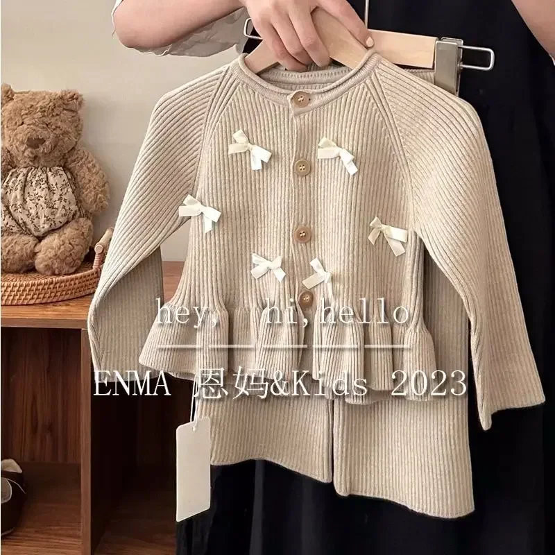 Korean Children\'s 2023 Autumn Girls\' Knitted Set Sweet Bow Long Sleeve Sweater Cardigan Casual Pants  winter jacket