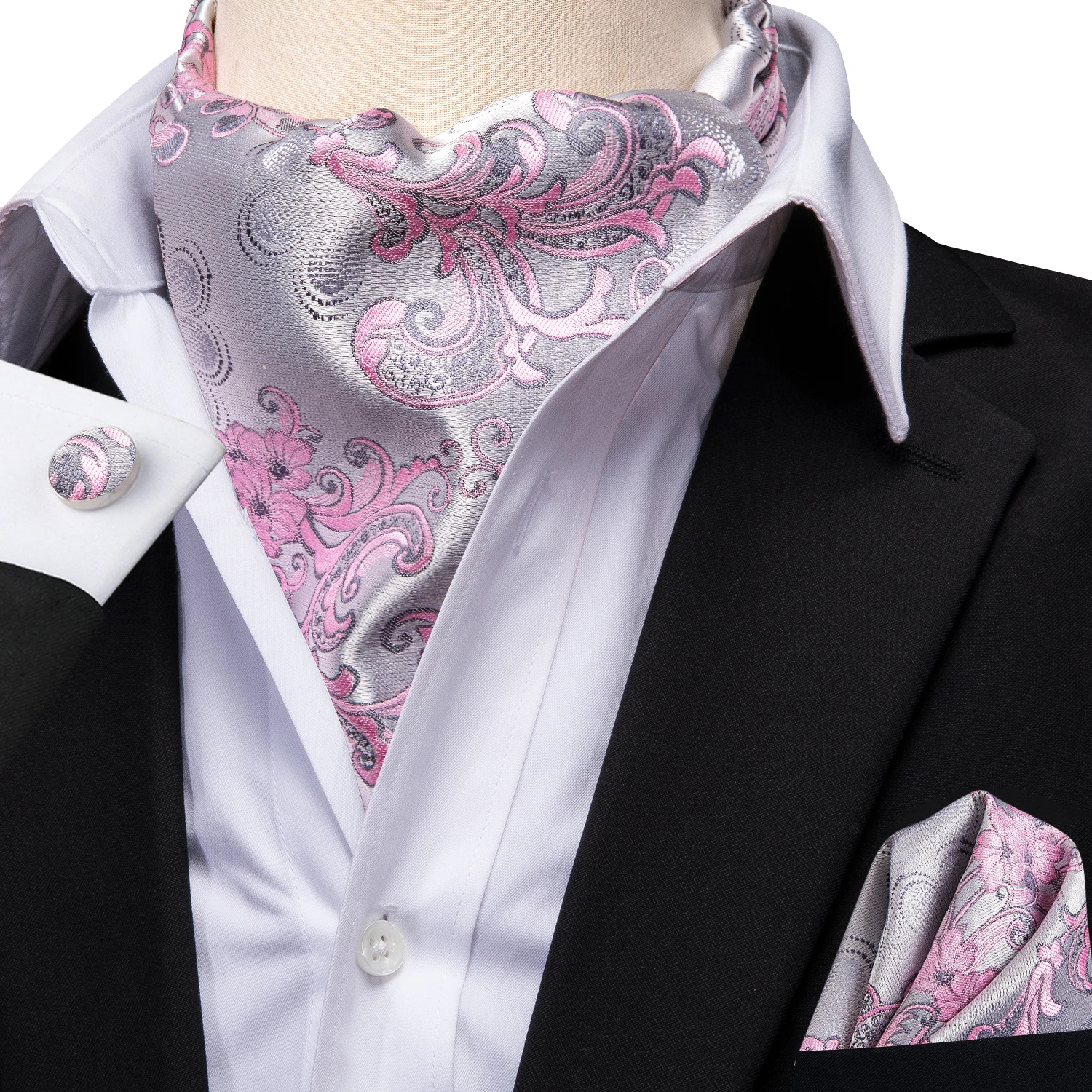 Hi-Tie Jacquard Silk Paisley Floral Solid Dots Mens Ascot Cravat Tie Hanky Cufflinks for Male Wedding Business Prom Designer