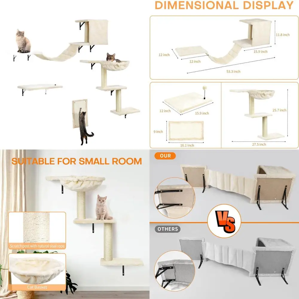 

Indoor Wooden Cat Wall Climber Set with 5 Pieces: Shelves, Perches, Condo, Ladder, Scratching Board - Beige