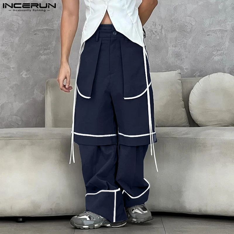 INCERUN Men Pants Patchwork Color-block Joggers Loose Button Casual Trousers Men Streetwear 2025 Fashion Male Long Pants S-5XL