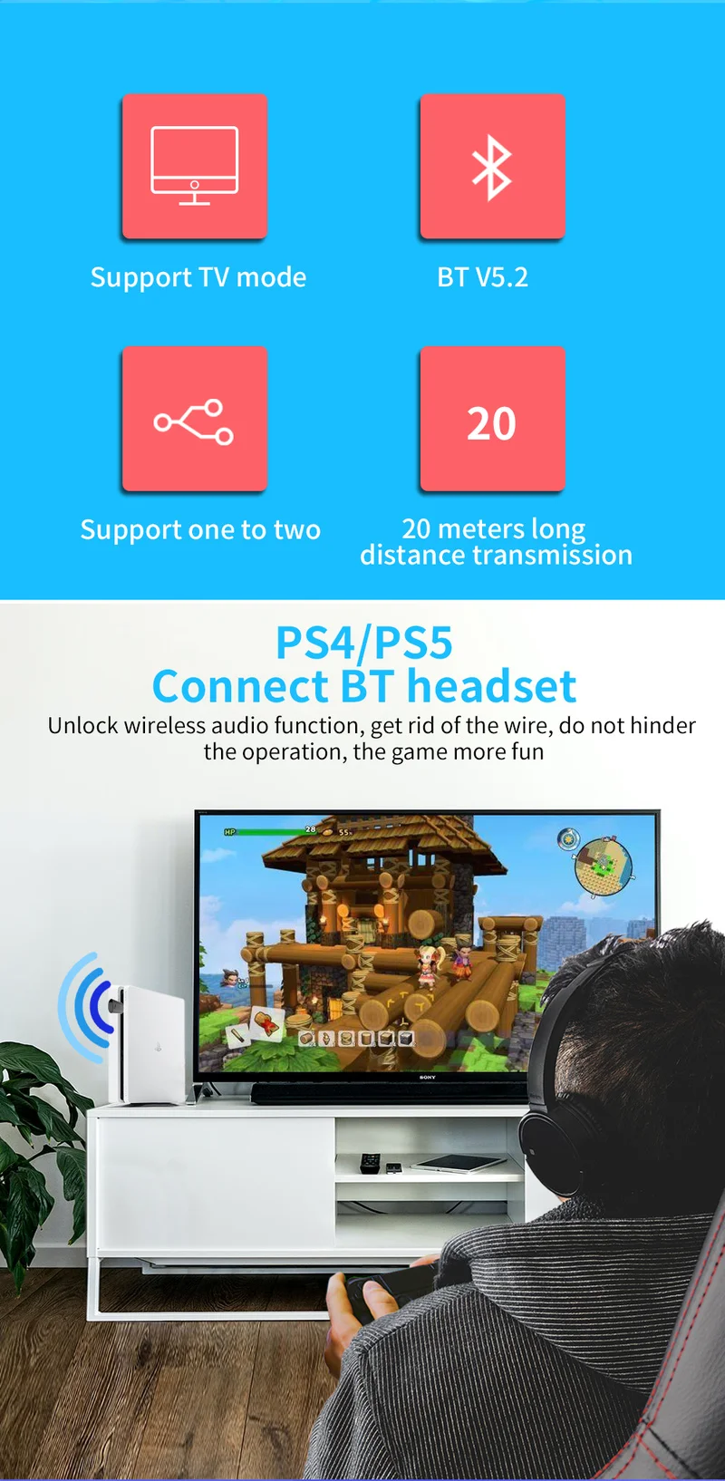 BT Wireless Audio Transmitter for Xbox / PS4 / PS5 / PC / Switch / TV Headset Audio Converter Adapter Receiver