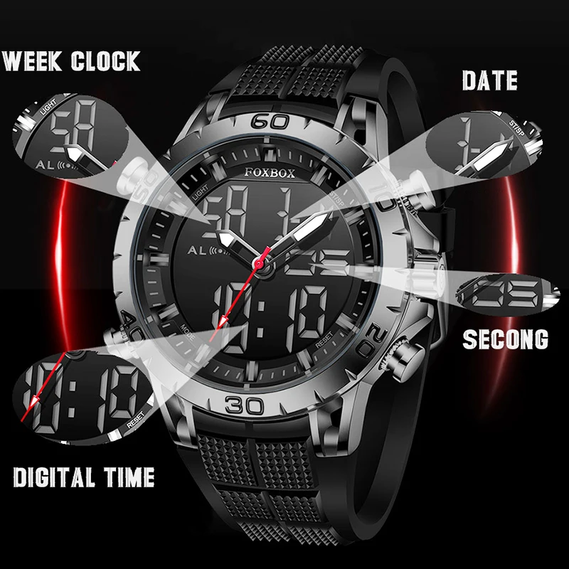 FOXBOX Mens Watches Top Brand Luxury Sports Dual Display Quartz Watch Man Military Waterproof Clock Digital Electronic Watch+Box