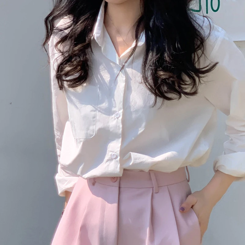 Dragon Fruit Colored Casual Long Sleeve Women's Shirt Inner Wear Pink  Collar Button up Street Style Spring 2023 Pure Color