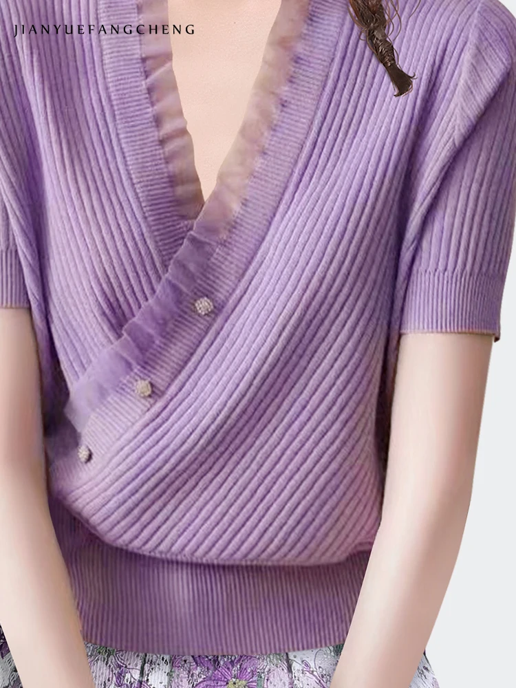 2024 Summer Designable Purple Cross V-neck Knitted Shirt Short Sleeve Western Style Slim Women Top Stretching Small Sweater