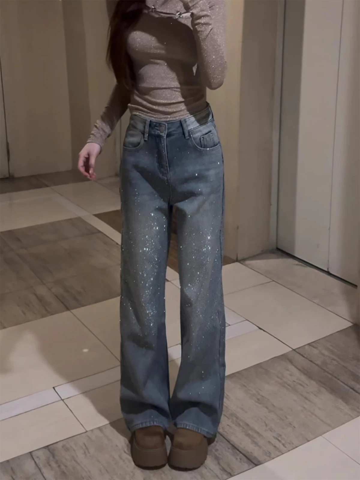 

High Waist Fce Lined Wide Leg Jeans Women's Spring Autumn New Sle Galaxy Rhinestone Slimming Straight Long Pants