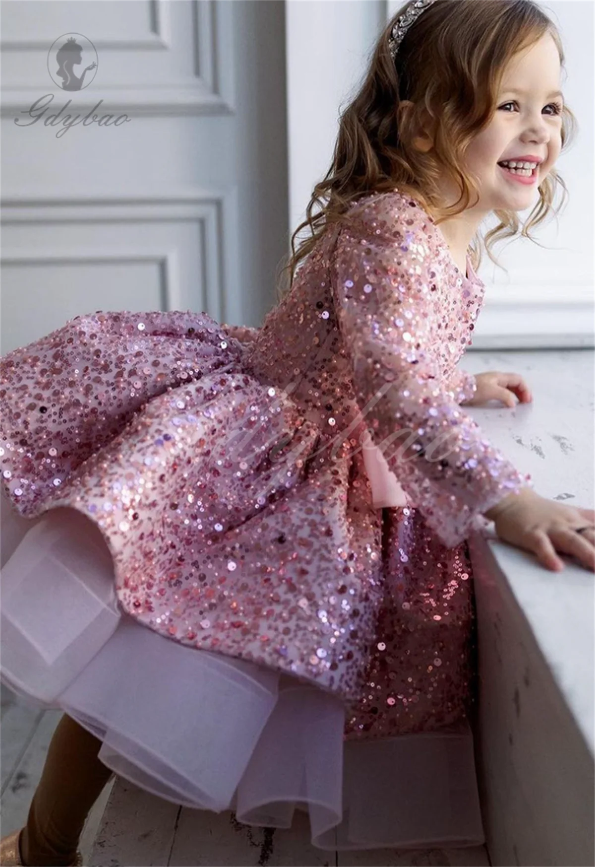 Vestido infantil de veludo princesa lantejoulas, vestido de manga comprida feminino, malha alta, desempenho do banquete, moda