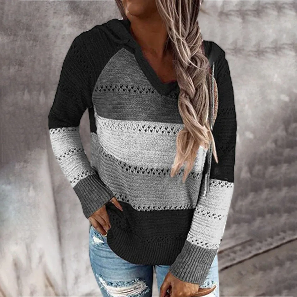 Spring Women Patchwork Hooded Sweater Long Sleeve V-neck Knitted Sweater Casual Striped Pullover Jumpers 2022 New Female Hoodies