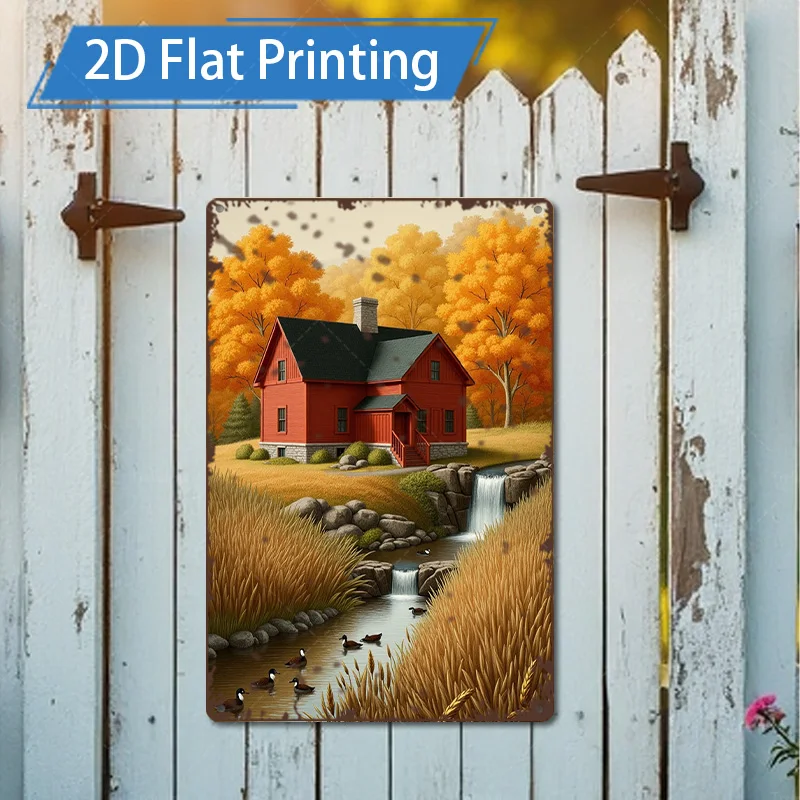 1 ชิ้น 8x12 นิ้วป้ายโลหะรัสติกเรดเคบินในฤดูใบไม้ร่วงภูมิทัศน์ป้ายโลหะตกแต่งศิลปะ