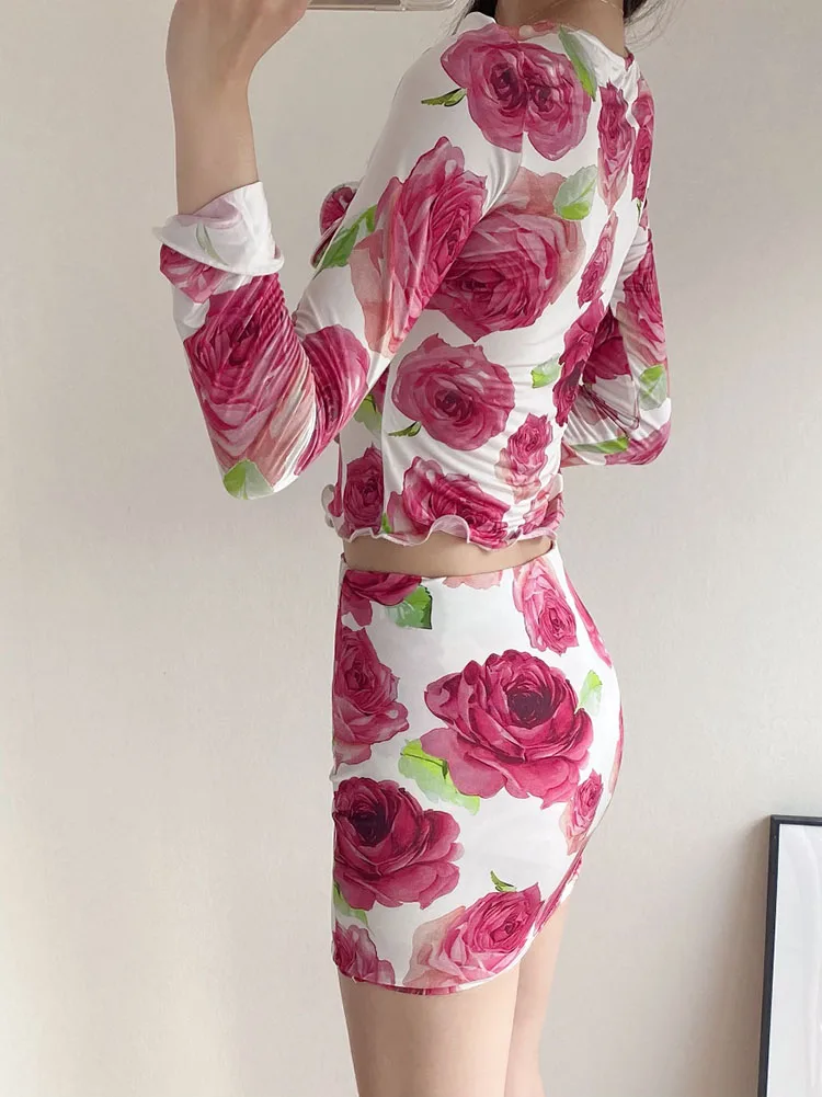 y2k summer three-dimensional rose print draped midi dresses2023 fashion versatile high waist slim pleated hip skirts for women