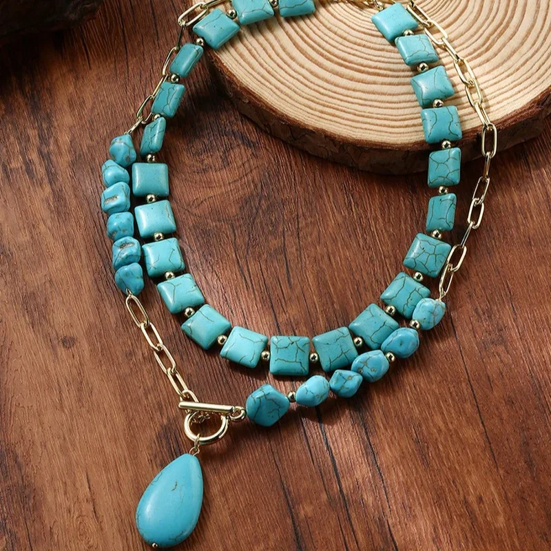 

Hot Selling Bohemian Turquoise Stacked Belt Double Layer Design Water Drop Pendant OT Buckle Necklace