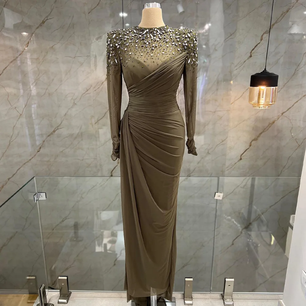 Mermaid Evening Dress Green Long Sleeves Crystal Luxury Gowns for Women 2023 O Neck Trumpet Illusion Party