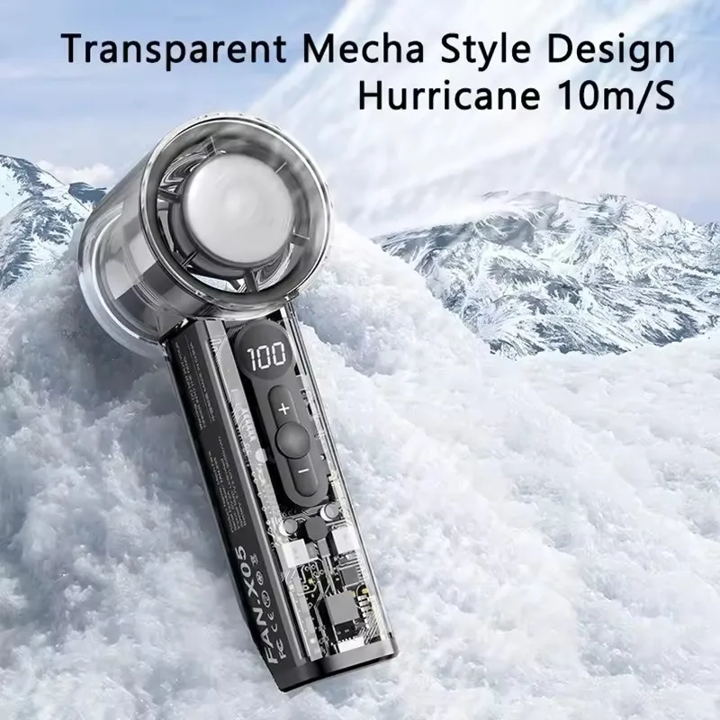 

Прозрачный мини-портативный ручной вентилятор в стиле Mecha, 100 скоростей ветра, 3000 мАч, перезаряжаемый светодиодный цифровой дисплей для спорта