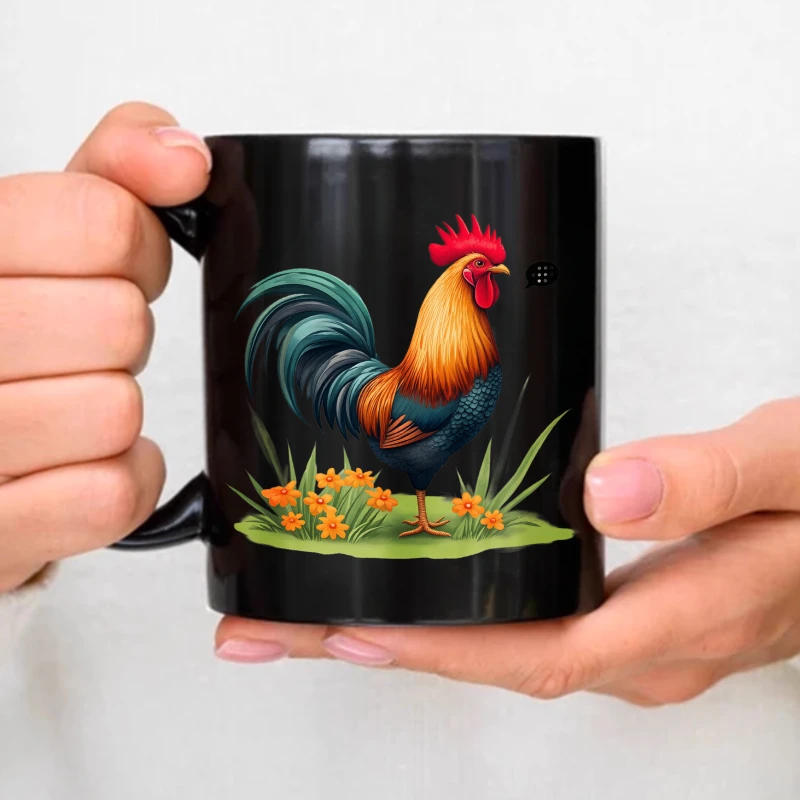 Ceramic coffee mug, black rooster with floral design, suitable for home, office and kitchen