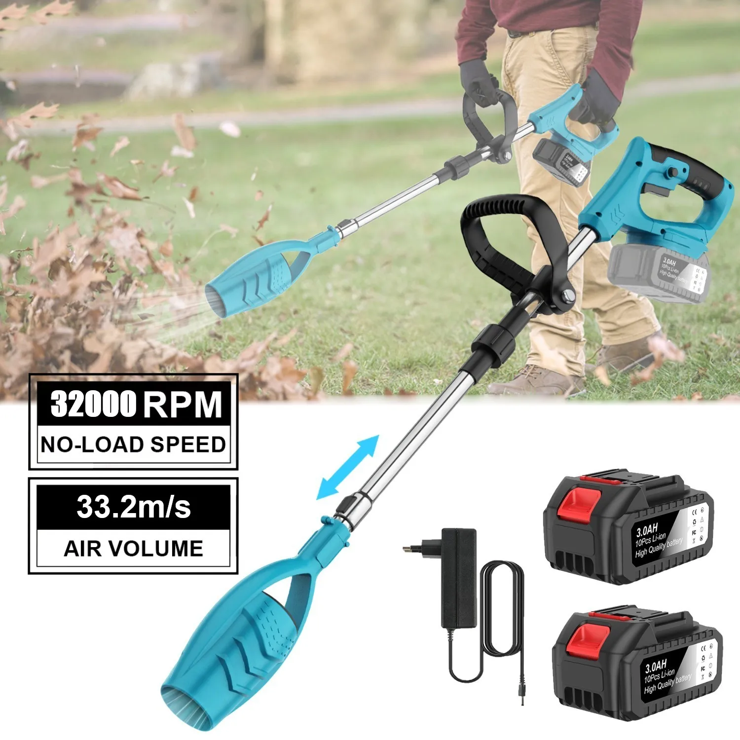 Souffleur de feuilles sans fil 32000 tr/min, souffleur d'air électrique haute puissance, nettoyeur de jardin pour neige, feuilles et poussière, outil électrique avec perche pliable
