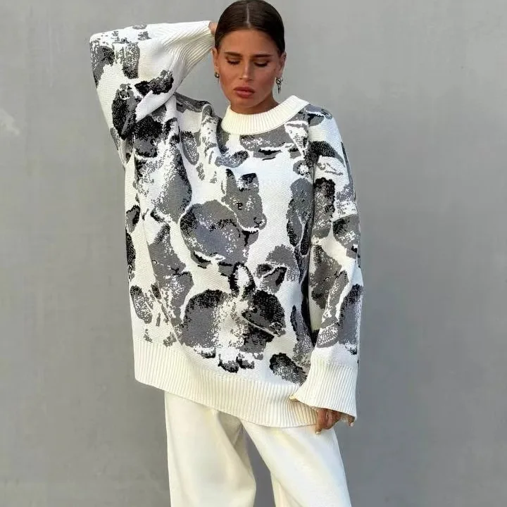Lässiges Strickpullover- und Hosen-Set, gerades Bein, lange Hose, zweiteiliges Set, rund, Ne Long Sve Overhead Faion Ensemble