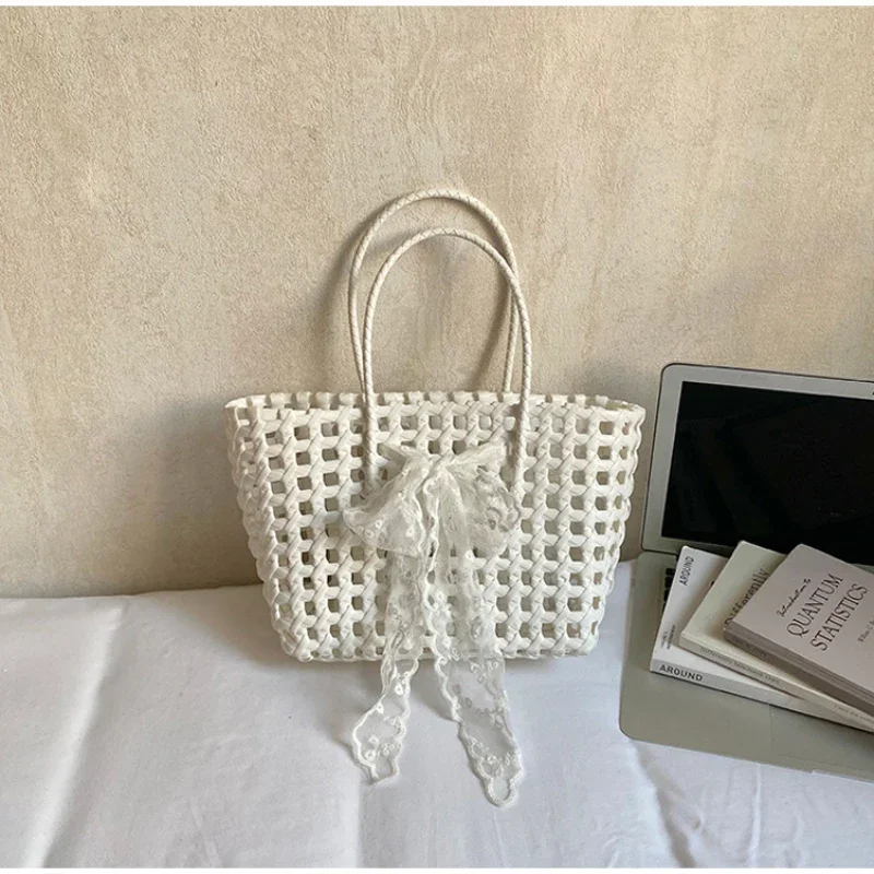 Koreanische Hohlgeflochtene Schleifen-Handtasche, Süße Einfarbige Gemüsekorb-Tasche, Lässige Vielseitige Schultertasche mit Großer Kapazität, Neu – Detail 25