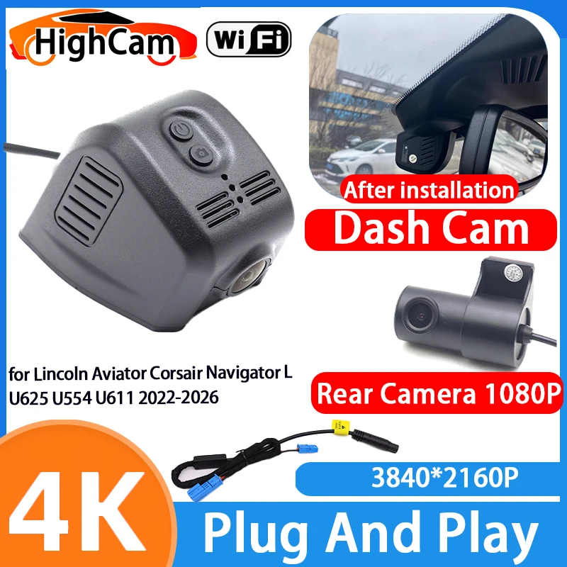 HighCam for Lincoln Aviator Corsair Navigator L U625 U554 U611 2022-2026 4K Wifi DVR Video Recorder Dash Cam Front Rear Camera