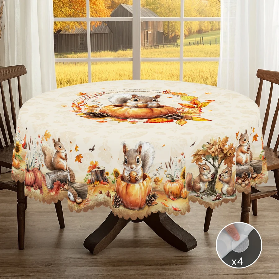1 Piece of Autum Thanksgiving Themed Printed Tablecloth, Retro Country Farmhouse Style, Squirrel, Pumpkin, Maple Leaf Pattern Design, Suitable for Holiday Parties, Birthday Party Decorations, Camping Style Picnic Decoration, Kitchen Accessories, Restaurant, Terrace, Indoor and Outdoor Tablecloths, Perfect Gifts for Friends, Multiple Sizes Available