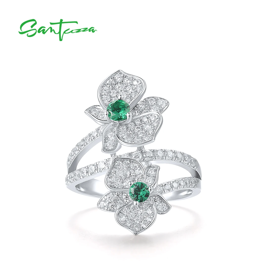 

SANTUZZA Genuine 925 Sterling Silver Rings For Women Sparkling White CZ Green Spinel Orchid Flower Fashion Wedding Fine Jewelry